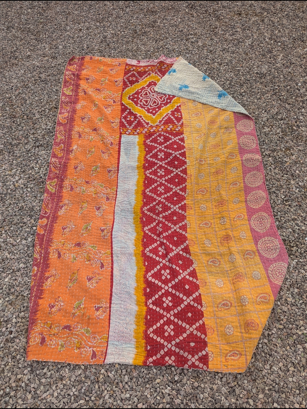 Boho Patchwork Kantha Throw - Orange, Red, Yellow, Blue, Off White